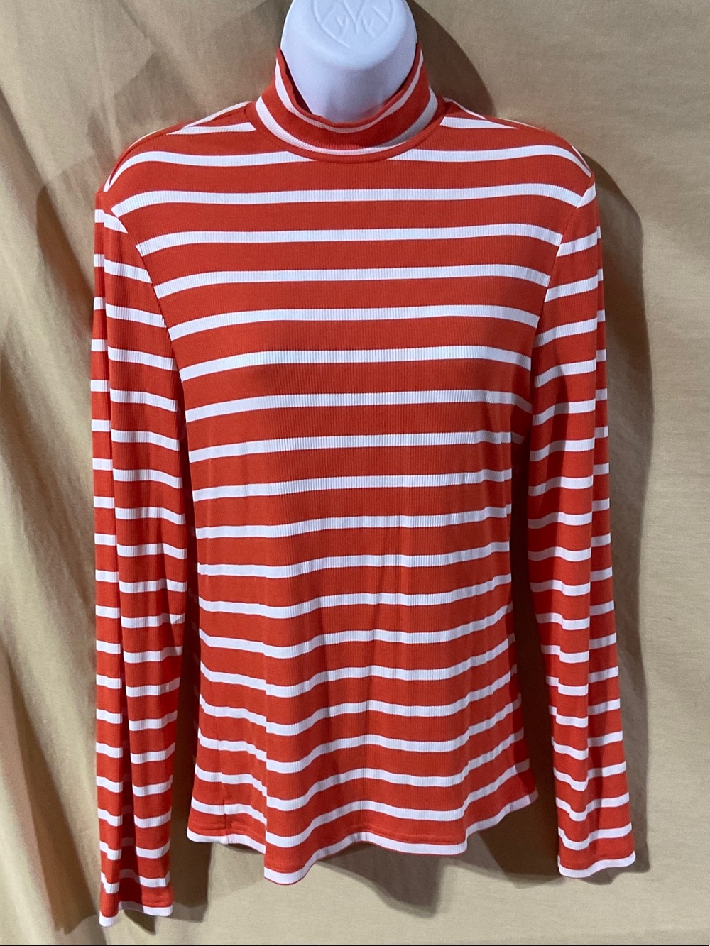 Zengjo Size L Striped Orange & White Long-Sleeve Mock Neck Top